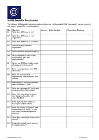 CPIx BIM Assessment Form V1.0 24 February 2011
5 - BIM Capability Questionnaire
The following BIM Capability questions are intended to help the Skanska UK BIM Team identify training, coaching
and support required for your organisation.
No. Question Answer / Understanding Supporting Evidence
B1 What does BIM mean to you?
B2 What does BIM mean to your
organisation?
B3 What does BIM mean to your staff?
B4 Who drives BIM within the
organisation?
B5 Who drives BIM within the office(s)?
B6 Who drives BIM on each project,
what are their titles and
responsibilities?
B7 Where has BIM been implemented
already and to what extent?
B8 Does your organisation have BIM
standards?
B9 Have you experience of
implementing client standards and
where?
B10 How have your design agreements
been influenced by BIM?
B11 What are the issues of IP rights and
ownership of the BIM models?
B12 Have there been any changes to
your design deliverables with
respect to BIM?
B13 What is your current status and
future plan for BIM rollout?
B14 What are your future plans for BIM
implementation in respect to staff
and their command and process
training?
B15 What does coordinated design mean
to you?
B16 Explain the discipline and rigour in
the design process?
 