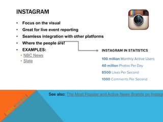 INSTAGRAM
•   Focus on the visual
•   Great for live event reporting
•   Seamless integration with other platforms
•   Where the people are!
•    EXAMPLES:
    • NBC News
    • Slate




                  See also: The Most Popular and Active News Brands on Instagr
 