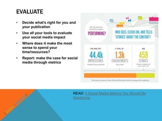 EVALUATE
•   Decide what’s right for you and
    your publication
•   Use all your tools to evaluate
    your social media impact
•   Where does it make the most
    sense to spend your
    time/resources?
•   Report: make the case for social
    media through metrics




                                     READ: 5 Social Media Metrics You Should Be
                                     Monitoring
 