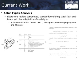 Current Work:
• Actor Types Analysis
  – Literature review completed, started identifying statistical and
    temporal characteristics of each type
     • Planned for submission to LEET'13 (Large Scale Emerging Exploits
       and Threats)




             +                          =
 
