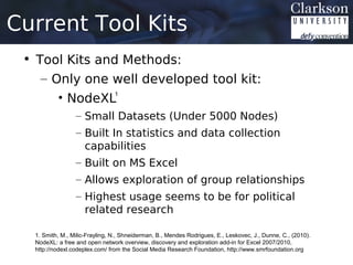 Current Tool Kits
 • Tool Kits and Methods:
    – Only one well developed tool kit:
       • NodeXL1
                 – Small Datasets (Under 5000 Nodes)
                 – Built In statistics and data collection
                   capabilities
                 – Built on MS Excel
                 – Allows exploration of group relationships
                 – Highest usage seems to be for political
                   related research

  1. Smith, M., Milic-Frayling, N., Shneiderman, B., Mendes Rodrigues, E., Leskovec, J., Dunne, C., (2010).
  NodeXL: a free and open network overview, discovery and exploration add-in for Excel 2007/2010,
  http://nodexl.codeplex.com/ from the Social Media Research Foundation, http://www.smrfoundation.org
 
