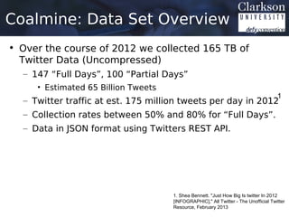 Coalmine: Data Set Overview
• Over the course of 2012 we collected 165 TB of
  Twitter Data (Uncompressed)
  – 147 “Full Days”, 100 “Partial Days”
     • Estimated 65 Billion Tweets
                                                                                     1
  – Twitter traffic at est. 175 million tweets per day in 2012
  – Collection rates between 50% and 80% for “Full Days”.
  – Data in JSON format using Twitters REST API.




                                     1. Shea Bennett. "Just How Big Is twitter In 2012
                                     [INFOGRAPHIC]," All Twitter - The Unofficial Twitter
                                     Resource, February 2013
 