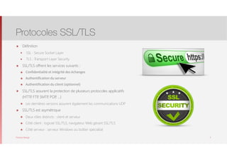 Thomas Moegli
๏ Définition
๏ SSL : Secure Socket Layer
๏ TLS : Transport Layer Security
๏ SSL/TLS offrent les services suivants :
๏ Confidentialité et intégrité des échanges
๏ Authentification du serveur
๏ Authentification du client (optionnel)
๏ SSL/TLS assurent la protection de plusieurs protocoles applicatifs  
(HTTP, FTP, SMTP, POP, …)
๏ Les dernières versions assurent également les communications UDP
๏ SSL/TLS est asymétrique
๏ Deux rôles distincts : client et serveur
๏ Côté client : logiciel SSL/TLS, navigateur Web gérant SSL/TLS
๏ Côté serveur : serveur Windows ou boîtier spécialisé
Protocoles SSL/TLS
3
 