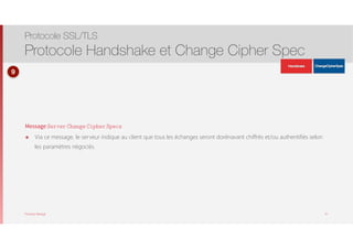 Thomas Moegli
Message Server Change Cipher Specs
๏ Via ce message, le serveur indique au client que tous les échanges seront dorénavant chiffrés et/ou authentifiés selon
les paramètres négociés.
Protocole SSL/TLS
Protocole Handshake et Change Cipher Spec
37
9
ApplicationData
ApplicationData
 