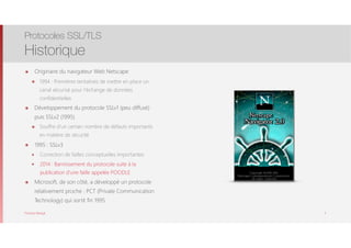 Thomas Moegli
๏ Originaire du navigateur Web Netscape
๏ 1994 : Premières tentatives de mettre en place un
canal sécurisé pour l’échange de données
confidentielles
๏ Développement du protocole SSLv1 (peu diffusé)
puis SSLv2 (1995)
๏ Souffre d’un certain nombre de défauts importants
en matière de sécurité
๏ 1995 : SSLv3
๏ Correction de failles conceptuelles importantes
๏ 2014 : Bannissement du protocole suite à la
publication d’une faille appelée POODLE
๏ Microsoft, de son côté, a développé un protocole
relativement proche : PCT (Private Communication
Technology) qui sortit fin 1995
Protocoles SSL/TLS
Historique
5
 