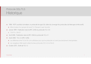 Thomas Moegli
๏ 1996 : l’IETF souhaita normaliser un protocole de type SSL (idée de converger les protocoles de Netscape et Microsoft)
๏ Mise en place d’un groupe de travail TLS (Transport Layer Security)
๏ Janvier 1999 : Publication dans la RFC 2246 du protocole TLS v1.0
๏ TLSv1.0 = SSLv3.1
๏ Avril 2006 : Publication dans la RFC 4346 du protocole TLS v1.1
๏ Août 2008 : TLS v1.2 (RFC 5246)
๏ Les différentes entre TLS et SSL sont suffisantes pour que les protocoles ne soient pas directement interopérables
๏ Les navigateurs Web savent utiliser les deux protocoles (TLS v1.2 et SSLv3)
๏ Ocobre 2015 : Draft de TLS 1.3
Protocole SSL/TLS
Historique
6
 