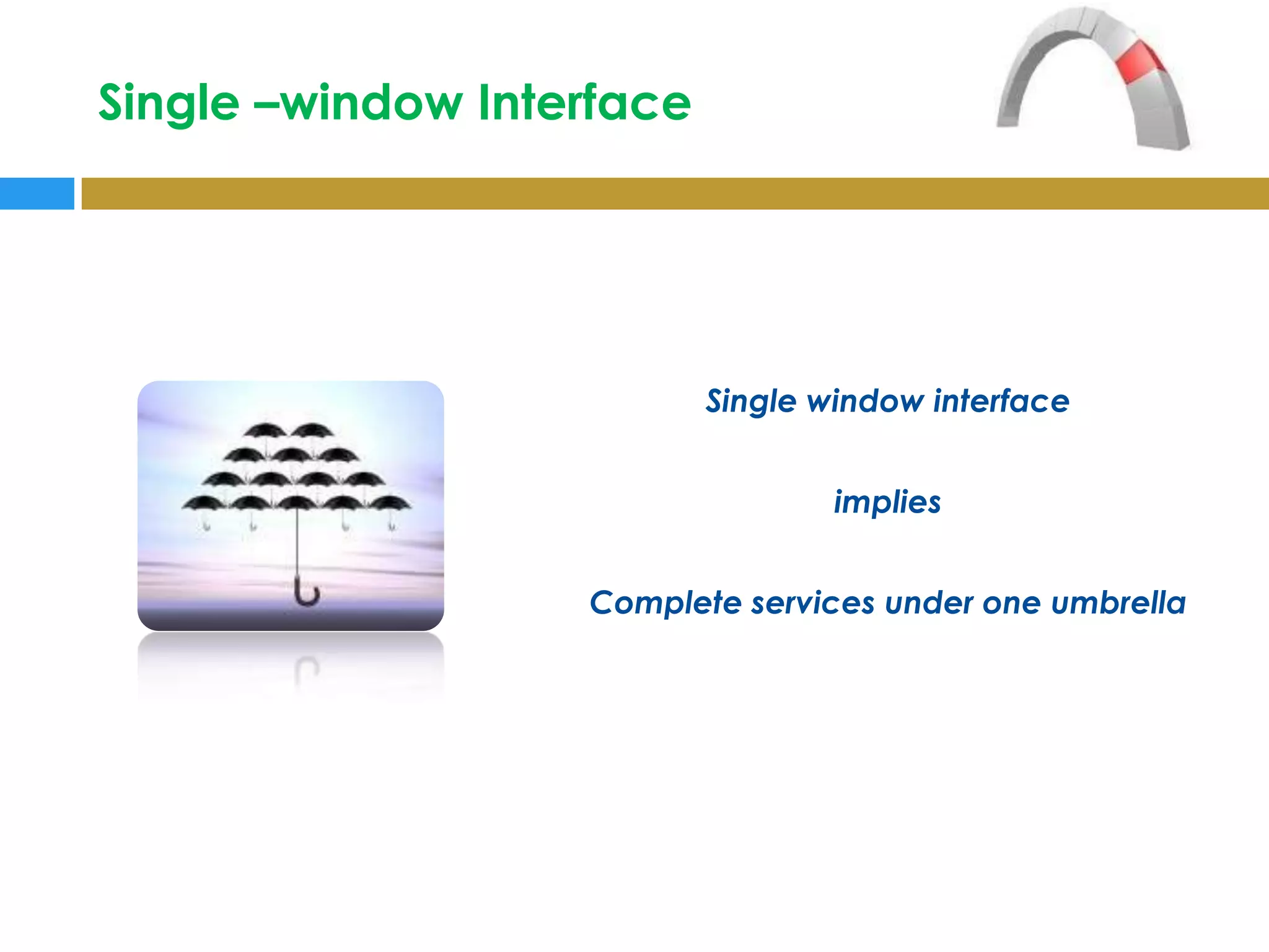 Single –window Interface




                           Single window interface


                                   implies


                   Complete services under one umbrella
 