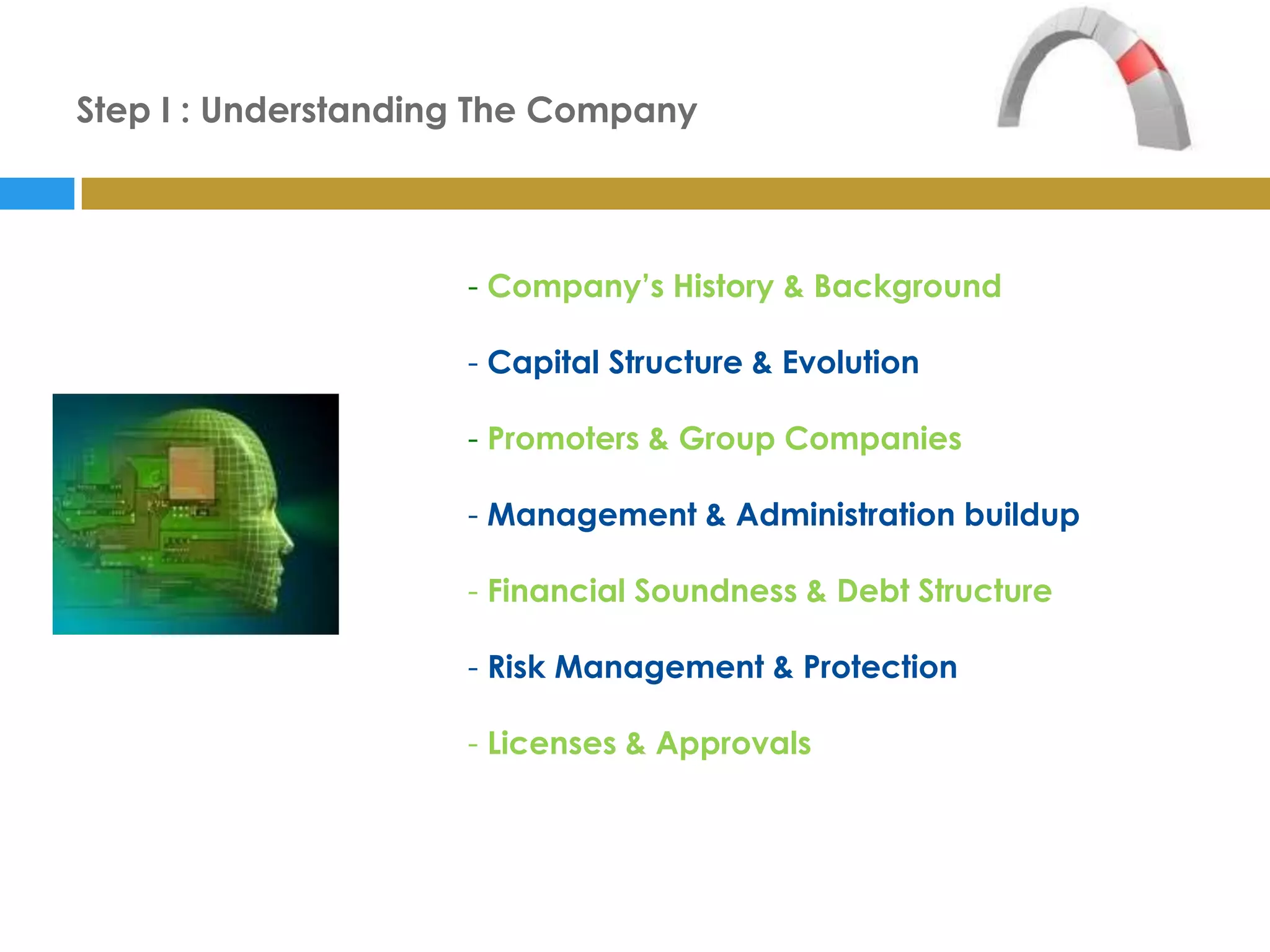 Step I : Understanding The Company



                     - Company’s History & Background

                     - Capital Structure & Evolution

                     - Promoters & Group Companies

                     - Management & Administration buildup

                     - Financial Soundness & Debt Structure

                     - Risk Management & Protection

                     - Licenses & Approvals
 