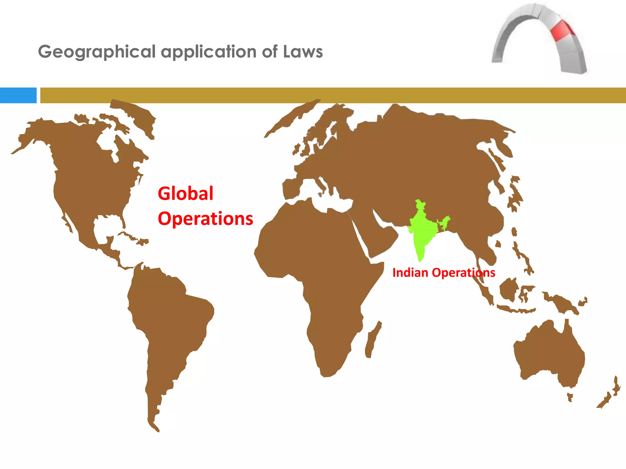 Geographical application of Laws




             Global
             Operations

                                   Indian Operations
 