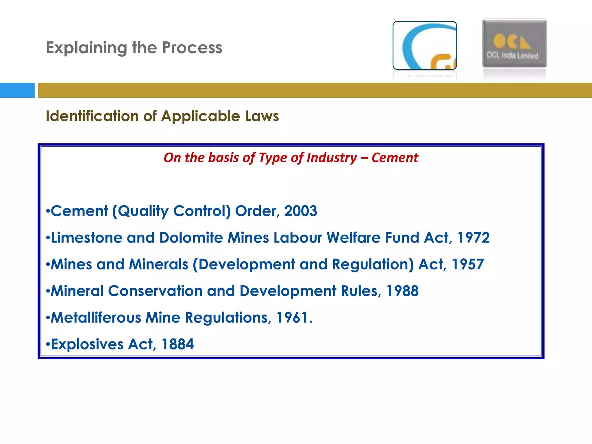 Explaining the Process



Identification of Applicable Laws

                On the basis of Type of Industry – Cement


•Cement (Quality Control) Order, 2003
•Limestone and Dolomite Mines Labour Welfare Fund Act, 1972
•Mines and Minerals (Development and Regulation) Act, 1957
•Mineral Conservation and Development Rules, 1988
•Metalliferous Mine Regulations, 1961.
•Explosives Act, 1884
 