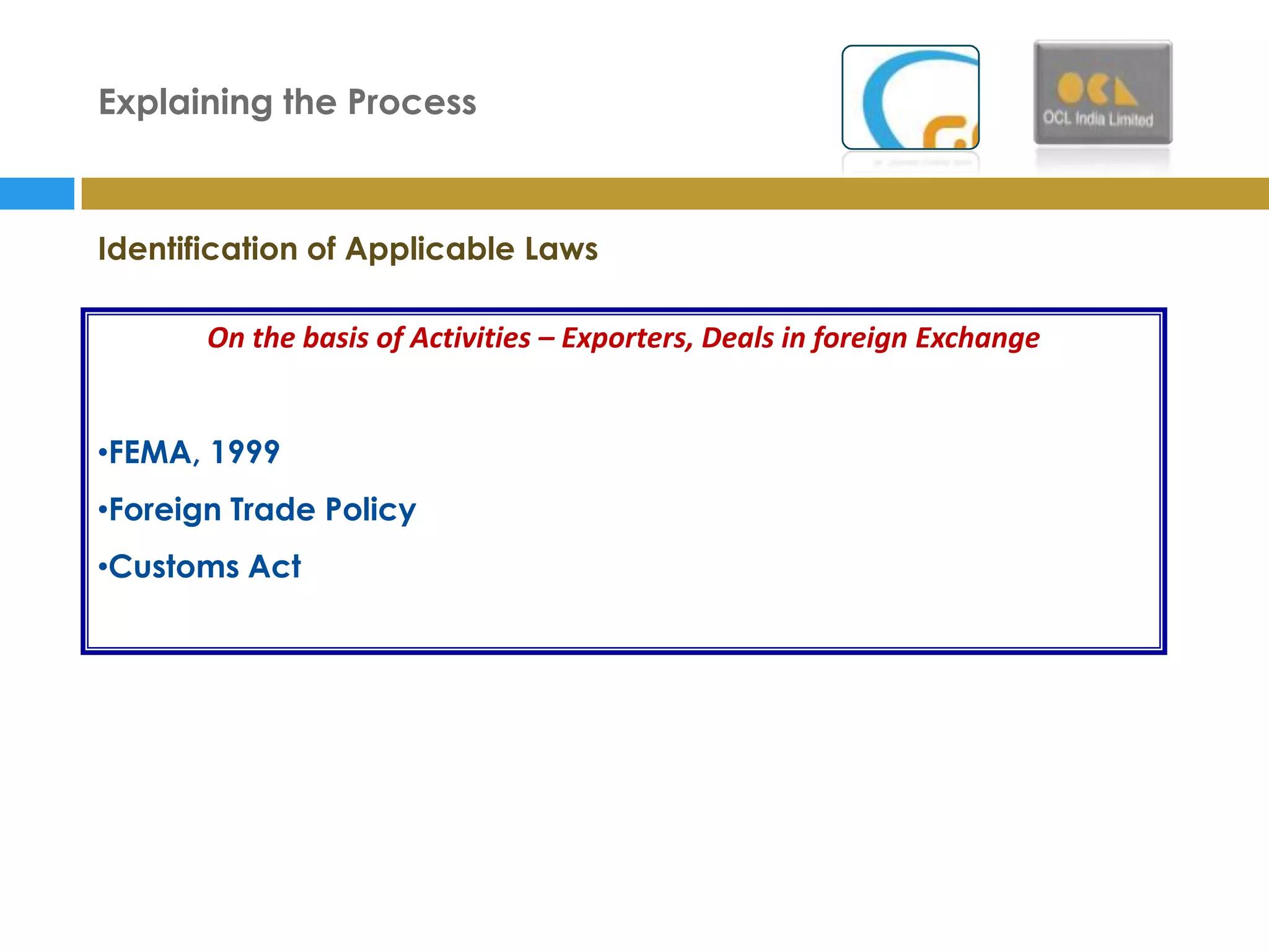 Explaining the Process



Identification of Applicable Laws

       On the basis of Activities – Exporters, Deals in foreign Exchange


•FEMA, 1999
•Foreign Trade Policy
•Customs Act
 