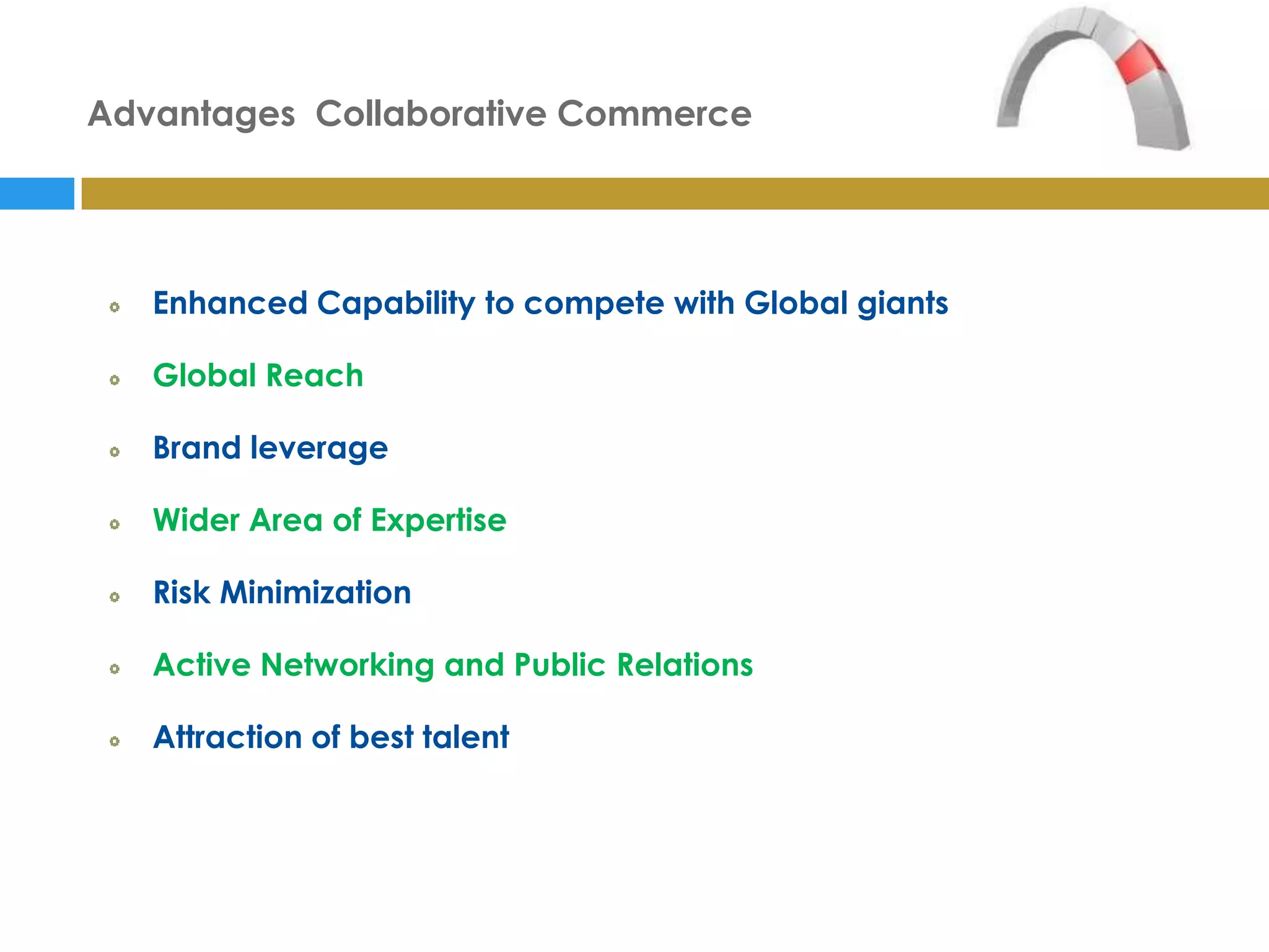 Advantages Collaborative Commerce




   Enhanced Capability to compete with Global giants

   Global Reach

   Brand leverage

   Wider Area of Expertise

   Risk Minimization

   Active Networking and Public Relations

   Attraction of best talent
 