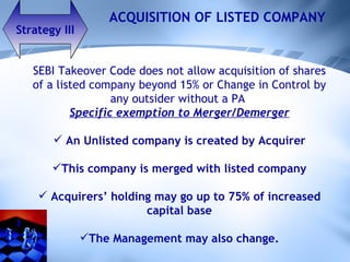 Strategy III ACQUISITION OF LISTED COMPANY SEBI Takeover Code does not allow acquisition of shares of a listed company beyond 15% or Change in Control by any outsider without a PA  Specific exemption to Merger/Demerger An Unlisted company is created by Acquirer This company is merged with listed company Acquirers’ holding may go up to 75% of increased capital base The Management may also change. 