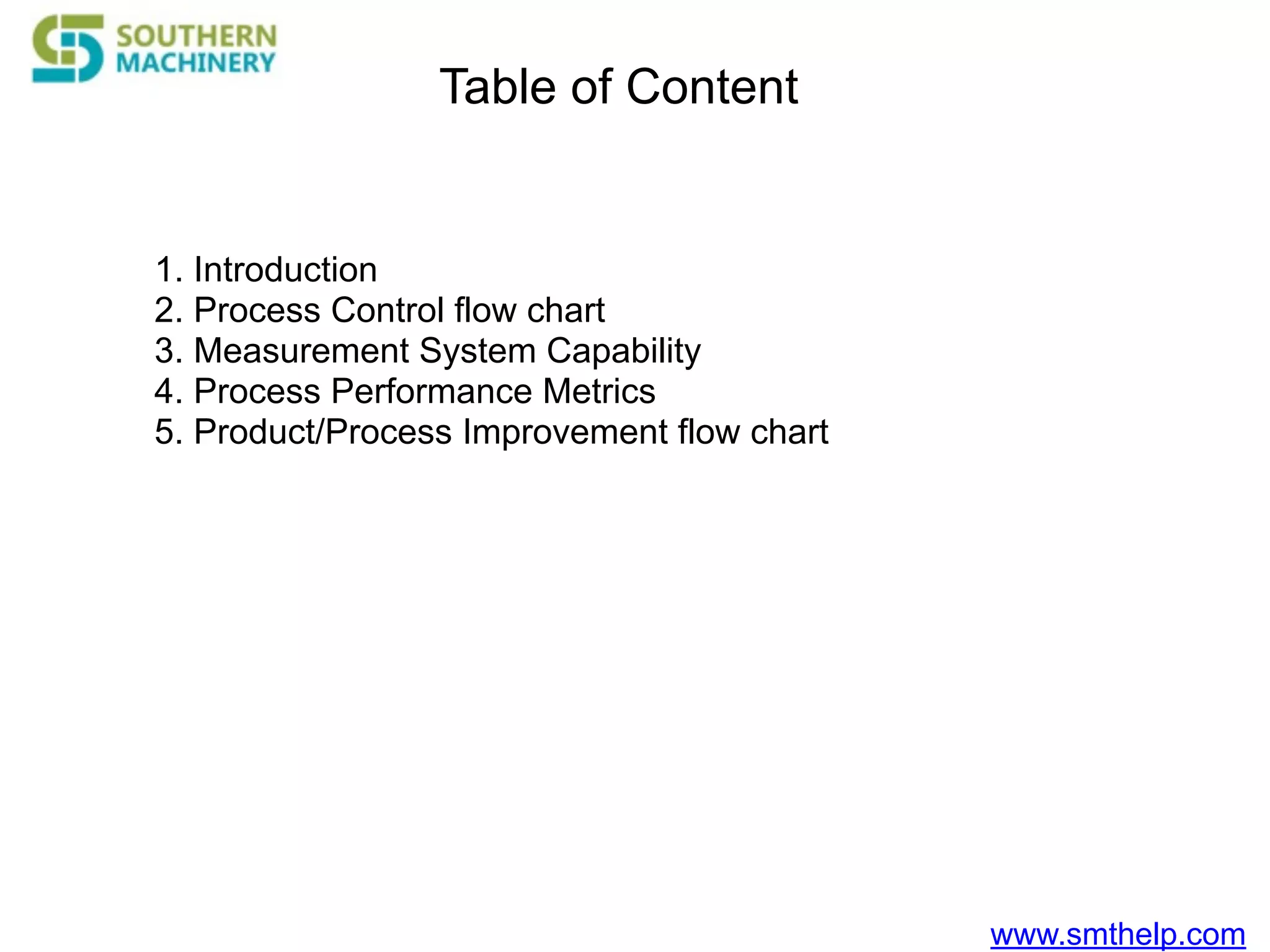 www.smthelp.com
Table of Content
1. Introduction
2. Process Control flow chart
3. Measurement System Capability
4. Process Performance Metrics
5. Product/Process Improvement flow chart
 