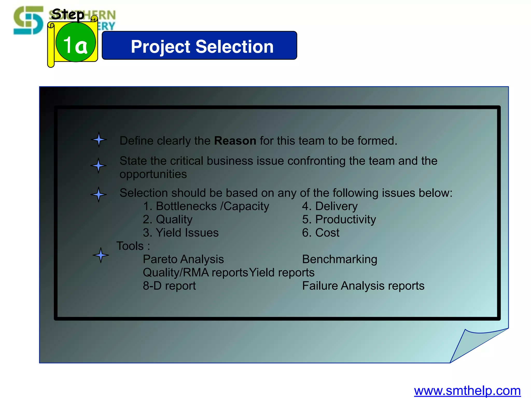 www.smthelp.com
Project Selection1a
Step
Define clearly the Reason for this team to be formed.
State the critical business issue confronting the team and the
opportunities
Selection should be based on any of the following issues below:
1. Bottlenecks /Capacity 4. Delivery
2. Quality 5. Productivity
3. Yield Issues 6. Cost
Tools :
Pareto Analysis Benchmarking
Quality/RMA reportsYield reports
8-D report Failure Analysis reports
 