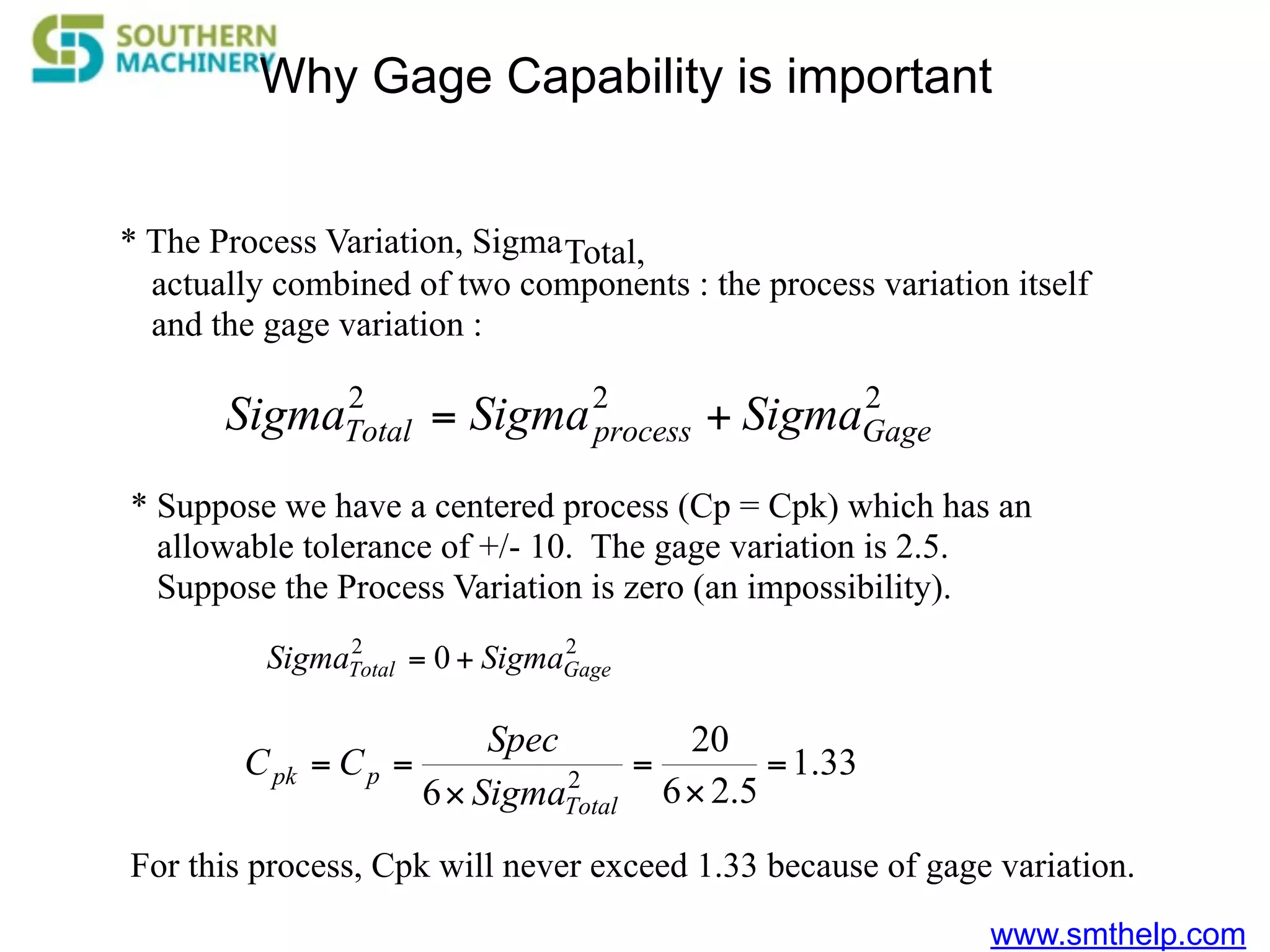 www.smthelp.com
Why Gage Capability is important
* The Process Variation, SigmaTotal,
actually combined of two components : the process variation itself
and the gage variation :
* Suppose we have a centered process (Cp = Cpk) which has an
allowable tolerance of +/- 10. The gage variation is 2.5.
Suppose the Process Variation is zero (an impossibility).
For this process, Cpk will never exceed 1.33 because of gage variation.
222
GageprocessTotal SigmaSigmaSigma +=
22
0 GageTotal SigmaSigma +=
33.1
5.26
20
6 2
=
×
=
×
==
Total
ppk
Sigma
Spec
CC
 