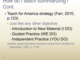 How do I teach summarizing? Cont.Teach for America strategy (Farr, 2010, p.123)Just like any other objectiveIntroduction to New Material (I DO)Guided Practice (WE DO)Independent Practice (YOU DO)(similar superordination teacher model from Kirkland & Saunders, 1991, p. 114)