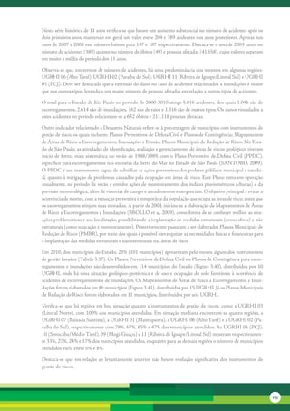 Nesta	série	histórica	de	11	anos	verifica-se	que	houve	um	aumento	substancial	no	número	de	acidentes	após	os	
dois	primeiros	anos,	mantendo	em	geral	um	valor	entre	204	e	389	acidentes	nos	anos	posteriores.	Apenas	nos	
anos	de	2007	e	2008	este	número	baixou	para	147	e	187	respectivamente.	Destaca-se	o	ano	de	2009	tanto	no	
número	de	acidentes	(389)	quanto	no	número	de	óbitos	(49)	e	pessoas	afetadas	(41.658),	cujos	valores	superam	
em	muito	a	média	do	período	dos	11	anos.

Observa-se	que,	em	termos	de	número	de	acidentes,	há	uma	predominância	dos	mesmos	em	algumas	regiões:	
UGRHI	06	(Alto	Tietê),	UGRHI	02	(Paraíba	do	Sul),	UGRHI	11	(Ribeira	de	Iguape/Litoral	Sul)	e	UGRHI	
05	(PCJ).	Deve	ser	destacado	que	a	extensão	do	dano	no	caso	de	acidentes	relacionados	a	inundações	é	maior	
que	nos	outros	tipos,	levando	a	um	maior	número	de	pessoas	afetadas	em	relação	a	outros	tipos	de	acidentes.	

O	total	para	o	Estado	de	São	Paulo	no	período	de	2000-2010	atinge	5.016	acidentes,	dos	quais	1.046	são	de	
escorregamentos,	2.614	são	de	inundações,	162	são	de	raios	e	1.316	são	de	outros	tipos.	Os	danos	vinculados	a	
estes	acidentes	no	período	relacionam-se	a	632	óbitos	e	211.118	pessoas	afetadas.

Outro	indicador	relacionado	a	Desastres	Naturais	refere-se	à	porcentagem	de	municípios	com	instrumentos	de	
gestão	de	risco,	os	quais	incluem:	Planos	Preventivos	de	Defesa	Civil	e	Planos	de	Contingência;	Mapeamentos	
de	Áreas	de	Risco	a	Escorregamentos,	Inundações	e	Erosão;	Planos	Municipais	de	Redução	de	Risco.	No	Esta-
do	de	São	Paulo,	as	atividades	de	identificação,	avaliação	e	gerenciamento	de	áreas	de	riscos	geológicos	tiveram	
início	de	forma	mais	sistemática	no	verão	de	1988/1989,	com	o	Plano	Preventivo	de	Defesa	Civil	(PPDC),	
específico	para	escorregamentos	nas	encostas	da	Serra	do	Mar	no	Estado	de	São	Paulo	(SANTORO,	2009).	
O	PPDC	é	um	instrumento	capaz	de	subsidiar	as	ações	preventivas	dos	poderes	públicos	municipal	e	estadu-
al,	quanto	à	mitigação	de	problemas	causados	pela	ocupação	em	áreas	de	risco.	Este	Plano	entra	em	operação	
anualmente,	no	período	de	verão	e	envolve	ações	de	monitoramento	dos	índices	pluviométricos	(chuvas)	e	da	
previsão	meteorológica,	além	de	vistorias	de	campo	e	atendimentos	emergenciais.	O	objetivo	principal	é	evitar	a	
ocorrência	de	mortes,	com	a	remoção	preventiva	e	temporária	da	população	que	ocupa	as	áreas	de	risco,	antes	que	
os	escorregamentos	atinjam	suas	moradias.	A	partir	de	2004,	iniciou-se	a	elaboração	de	Mapeamentos	de	Áreas	
de	Risco	a	Escorregamentos	e	Inundações	(BROLLO	et	al,	2009),	como	forma	de	se	conhecer	melhor	as	situ-
ações	problemáticas	e	sua	localização,	possibilitando	a	implantação	de	medidas	estruturais	(como	obras)	e	não	
estruturais	(como	educação	e	monitoramento).	Posteriormente	passaram	a	ser	elaborados	Planos	Municipais	de	
Redução	de	Risco	(PMRR),	por	meio	dos	quais	é	possível	hierarquizar	as	necessidades	físicas	e	financeiras	para	
a	implantação	das	medidas	estruturais	e	não	estruturais	nas	áreas	de	risco.

Em	2010,	dos	municípios	do	Estado,	23%	(101	municípios)	apresentam	pelo	menos	algum	dos	instrumentos	
de	gestão	listados	(Tabela	3.37).	Os	Planos	Preventivos	de	Defesa	Civil	ou	Planos	de	Contingência	para	escor-
regamentos	e	inundações	são	desenvolvidos	em	114	municípios	do	Estado	(Figura	3.40),	distribuídos	por	10	
UGRHI,	onde	há	uma	situação	geológico-geotécnica	e	de	uso	e	ocupação	do	solo	favoráveis	à	ocorrência	de	
acidentes	de	escorregamentos	e	de	inundações.	Os	Mapeamentos	de	Áreas	de	Risco	a	Escorregamentos	e	Inun-
dações	foram	elaborados	em	86	municípios	(Figura	3.41),	distribuídos	por	15	UGRHI.	Já	os	Planos	Municipais	
de	Redução	de	Risco	foram	elaborados	em	11	municípios,	distribuídos	por	seis	UGRHI.	

Verifica-se	que	há	regiões	em	boa	situação	quanto	a	instrumentos	de	gestão	de	riscos,	como	a	UGRHI	03	
(Litoral	Norte),	com	100%	dos	municípios	atendidos.	Em	situação	mediana	encontram-se	quatro	regiões,	a	
UGRHI	07	(Baixada	Santista),	a	UGRHI	01	(Mantiqueira),	a	UGRHI	06	(Alto	Tietê)	e	a	UGRHI	02	(Pa-
raíba	do	Sul),	respectivamente	com	78%,	67%,	65%	e	47%	dos	municípios	atendidos.	As	UGRHI	05	(PCJ),	
10	(Sorocaba/Médio	Tietê),	09	(Mogi-Guaçu)	e	11	(Ribeira	de	Iguape/Litoral	Sul)	mostram	respectivamen-
te	33%,	27%,	24%	e	17%	dos	municípios	atendidos,	enquanto	para	as	demais	regiões	o	número	de	municípios	
atendidos	varia	entre	0%	e	8%.

Destaca-se	que	em	relação	ao	levantamento	anterior	não	houve	evolução	significativa	dos	instrumentos	de	
gestão	de	riscos.




                                                                                                                    135
 