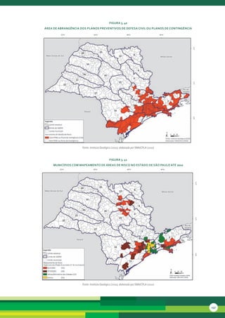 FiGura 3. 40
área de abranGência dos Planos Preventivos de deFesa civil ou Planos de continGência




                     Fonte: Instituto Geológico (2010), elaborado por SMA/CPLA (2010)



                                             FiGura 3. 41
     MunicíPios coM MaPeaMento de áreas de risco no estado de são Paulo até 2010




                     Fonte: Instituto Geológico (2010), elaborado por SMA/CPLA (2010)




                                                                                        137
 