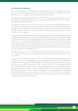 3.5.2 Mata Ciliar cadastrada
Uma parcela da vegetação natural remanescente está localizada nas margens de rios, córregos, lagos, represas
e nascentes. São as chamadas matas ciliares, que atuam como uma proteção aos corpos hídricos. Também são
conhecidas como mata de galeria, mata de várzea, vegetação ou floresta ripária.

De acordo com o Código Florestal Brasileiro (Lei Federal nº 4.771/65), as matas ciliares são áreas com status
de proteção especial, devido às funções ecológicas e sociais que desempenham, sendo incluídas na categoria de
Áreas de Preservação Permanente (APP).

Em escala local e regional, as matas ciliares protegem a água e o solo, promovem a estabilidade geológica, preser-
vam a paisagem, oferecem abrigo e sustento à fauna, além de funcionarem como barreira à propagação de pragas
e doenças das culturas agrícolas. Em escala global, as florestas em crescimento fixam carbono e contribuem para
a redução dos gases de efeito estufa. Assim, recuperar as matas ciliares pode significar benefícios em aspectos
ambientais, sociais e econômicos.

Como forma de assegurar a conservação das Áreas de Preservação Permanente representadas pelas matas cilia-
res, foi instituída no âmbito do Projeto Ambiental Estratégico (PAE) Mata Ciliar, por meio da Resolução SMA
nº 42/07, a Comunicação de Áreas Ciliares, obrigatória a todas as propriedades maiores que 200 ha, e também
o Banco de Áreas para Recuperação (Resolução SMA nº 30/07), onde os proprietários, de forma voluntária,
podem realizar o cadastro de áreas ciliares disponíveis para recuperação. A partir do Banco de Áreas (disponível
em www.ambiente.sp.gov.br), empresas e pessoas físicas interessadas, podem investir no reflorestamento das áre-
as, seja como compensação ambiental, compensação voluntária para emissões de gases de efeito estufa ou mesmo
como ação voluntária de responsabilidade social.

Os dados sobre a área de mata ciliar cadastrada no Estado de São Paulo fornecem subsídios para a elabo-
ração e implantação de projetos de recuperação florestal, bem como a identificação de áreas prioritárias
para esse fim.

O indicador é constituído pela porcentagem da área de mata ciliar declarada pelos proprietários rurais em
relação às áreas totais de suas propriedades junto ao órgão ambiental competente (a Coordenadoria de Bio-
diversidade e Recursos Naturais – CBRN). A Tabela 3.43 e a Figura 3.47 apresentam as áreas de mata ciliar
declaradas em cada UGRHI até novembro de 2010. A Tabela 3.44 mostra os totais acumulados de área
ciliar cadastrada, incluindo também o Banco de Áreas para Recuperação e as áreas cadastradas a partir do
Protocolo Agroambiental, referentes aos anos de 2008, 2009 e 2010. O Protocolo Agroambiental, assinado
pelos Secretários de Estado do Meio Ambiente e da Agricultura, e pelo presidente da União da Indústria
Sucroalcooleira (UNICA), visa premiar as boas práticas do setor sucroalcooleiro através de um certificado de
conformidade. Vale ressaltar ainda que o total de área de mata ciliar disponível para recuperação no Estado de
São Paulo é estimada em 1 milhão de hectares.




                                                                                                                     149
 