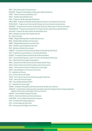 PMS - Plano Municipal de Saneamento
PNUMA - Programa das Nações Unidas para o Meio Ambiente
PPDC - Plano Preventivo de Defesa Civil
PQAr - Padrão de Qualidade do Ar
PRA - Programa de Recuperação Ambiental
PROCLIMA - Programa Estadual de Mudanças Climáticas do Estado de São Paulo
PROCONVE - Programa de Controle da Poluição do Ar por Veículos Automotores
PROMOT - Programa de Controle da Poluição do Ar por Motociclos e Veículos Similares
PROZONESP - Programa Estadual de Prevenção a Destruição da Camada de Ozônio
QUALAR - Sistema de Informações da Qualidade do Ar
RAIS - Relação Anual de Informações Sociais
RL - Reserva Legal
RMBS - Região Metropolitana da Baixada Santista
RMC - Região Metropolitana de Campinas
RMSP - Região Metropolitana de São Paulo
RQA - Relatório de Qualidade Ambiental
RSD - Resíduos Sólidos Domiciliares
SABESP - Companhia de Saneamento Básico do Estado de São Paulo
SDO - Substâncias que Destroem a Camada de Ozônio
SEADE - Fundação Sistema Estadual de Análise de Dados
SELT - Secretaria de Esporte, Lazer e Turismo do Estado de São Paulo
SIH - Sistema de Informações Hospitalares
SMA - Secretaria do Meio Ambiente do Estado de São Paulo
SNIS - Sistema Nacional de Informações sobre Saneamento
SNUC - Sistema Nacional de Unidades de Conservação
SRES - Special Report on Emissions Scenarios
ST - Substâncias Tóxicas
SUS - Sistema Único de Saúde
TCRA - Termo de Compromisso de Recuperação Ambiental
TDSC - Setor de Clima e Energia
TMI - Taxa de Mortalidade Infantil
UC - Unidade de Conservação
UGRHI - Unidade Hidrográfica de Gerenciamento de Recursos Hídricos
UNESCO - United Nations Educational, Scientific and Cultural Organization (Organização das
   Nações Unidas para a Educação, Ciência e Cultura)
UNESP - Universidade Estadual Paulista
UNICA - União da Indústria da Cana-de-Açúcar
UNICAMP - Universidade Estadual de Campinas
UPA - Unidade de Produção Agrícola
USP - Universidade de São Paulo
ZEE - Zoneamento Ecológico Econômico
 