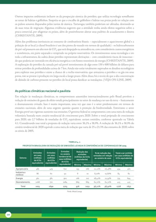Outros	impactos	ambientais	incluem	os	da	prospecção	sísmica	do	petróleo,	que	utiliza	tecnologia	semelhante	
      ao	sonar	de	baleias	e	golfinhos.	Suspeita-se	que	o	encalhe	de	golfinhos	e	baleias	nas	praias	pode	ter	relação	com	
      os	pulsos	sonoros	disparados	pelos	navios	de	sísmica.	Tartarugas	também	poderiam	ser	afetadas,	desviando-se	
      de	suas	rotas	de	migração.	Algumas	evidências	sugerem	que	a	atividade	tenha	ainda	efeitos	negativos	sobre	a	
      pesca	comercial,	por	afugentar	os	peixes,	além	de	possivelmente	alterar	seus	padrões	de	acasalamento	e	desova	
      (CHRISTANTE,	2009).	

      Além	dos	problemas	intrínsecos	ao	consumo	de	combustíveis	fósseis	–	especialmente	o	aquecimento	global	e	a	
      poluição	do	ar	local	(o	diesel	brasileiro	é	um	dos	piores	do	mundo	em	termos	de	qualidade)	-	os	hidrocarbonetos	
      do	pré-sal	possuem	um	alto	teor	de	CO2,	que	será	despejado	na	atmosfera	ou,	com	consideráveis	custos	energéticos	
      e	econômicos,	em	parte	separado	e	reinjetado	no	próprio	reservatório.	Os	investimentos	nessa	tecnologia	e	em	
      toda	a	infraestrutura	da	cadeia	desse	petróleo	representam	derivações	–	com	consideráveis	riscos	de	insucesso	-	
      do	que	poderia	ser	investido	em	eficiência	energética	e	em	fontes	renováveis	de	energia	(CHRISTANTE,	2009).	
      A	exploração	do	petróleo	da	camada	pré-sal	prevê	investimentos	de	algo	entre	150	e	600	bilhões	de	dólares	para	
      retirar	petróleo	de	profundidades	acima	de	7	km.	Ainda	não	estão	totalmente	superados	os	desafios	tecnológicos	
      para	explorar	esse	petróleo	e	existe	a	chance	de	a	rocha-reservatório,	que	armazena	o	petróleo	e	os	gás	em	seus	
      poros,	não	se	prestar	à	produção	em	larga	escala	a	longo	prazo.	Além	disso,	há	o	receio	de	que	a	alta	concentração	
      de	dióxido	de	carbono	presente	no	petróleo	do	local	possa	danificar	as	instalações.	(VEJA	ON-LINE,	2009)


      as políticas climáticas nacional e paulista
      Em	 relação	 às	 mudanças	 climáticas,	 os	 compromissos	 assumidos	 internacionalmente	 pelo	 Brasil	 prevêem	 a	
      redução	de	emissões	de	gases	de	efeito	estufa	principalmente	no	setor	de	mudança	no	uso	da	terra	–	basicamente	
      o	 desmatamento	 evitado.	 Isso	 é	 muito	 importante,	 uma	 vez	 que	 esse	 é	 o	 setor	 predominante	 em	 termos	 de	
      emissões	 nacionais,	 além	 de	 uma	 urgente	 questão	 quanto	 à	 proteção	 da	 biodiversidade.	 Entretanto	 o	 setor	
      Energia	prevê	um	vigoroso	aumento	nas	emissões.	O	governo	federal	se	comprometeu	com	uma	meta	de	redução	
      voluntária	baseada	num	cenário	tendencial	de	crescimento	para	2020.	Sobre	o	total	projetado	de	crescimento	
      para	2020,	são	2,7	bilhões	de	toneladas	de	CO2	equivalente.	seriam	emitidos,	conforme	apontado	na	Tabela	
      4.1.	Considerando	esse	total	a	proposta	de	redução	varia	entre	36,1%	a	38,9%.	A	redução	de	36,1%	a	38,9%	do	
      cenário	tendencial	de	2020	equivale	a	uma	meta	de	redução	que	varia	de	25	a	21,5%	das	emissões	de	2020,	sobre	
      os	níveis	de	2005.


                                                                tabela 4. 1
             ProPosta brasileira de redução de eMissões levada à conFerência de coPenHaGue eM 2009

                                                      emissões           redução das
                       emissões       emissões                                                 % de redução das      total a ser emitido
                                                      no cenário           emissões
                        em 2005        em 2007                                                emissões em relação   em 2020 (milhões de
                                                    tendencial de      (milhões de tco2
          setores       (milhões       (milhões                                                ao cenário de 2020    tco2 equivalente)
                                                    2020 (milhões        equivalente)
                        de tco2        de tco2
                                                       de tco2
                      equivalente)   equivalente)
                                                     equivalente)      Mínima        Máxima   Mínima    Máxima      Mínimo     Máximo
      agropecuária         487           479            627               133         166     21,21%     26,48%       494        461
      indústria e
                           86            60              92                8           10     8,70%      10,87%        84         82
      resíduos
      energia             362            381            901               166         207     18,42%     22,97%       735        694
      desmatamento        1268           770            1084              669         669     61,72%     61,72%       415        415

           total          2203          1690            2703              976         1052    36,11%     38,92%       1728       1652

                                                              Fonte: Brasil (2009)




220
 