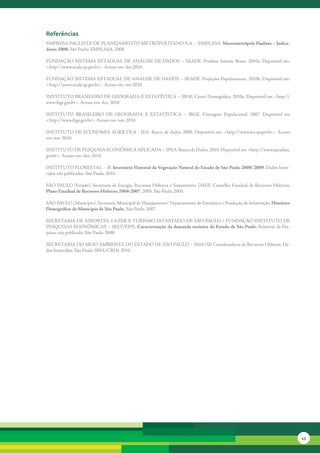 referências
EMPRESA	PAULISTA	DE	PLANEJAMENTO	METROPOLITANO	S.A.	–	EMPLASA.	Macrometrópole Paulista – Indica-
dores 2008. São	Paulo:	EMPLASA,	2008.

FUNDAÇÃO	 SISTEMA	 ESTADUAL	 DE	ANÁLISE	 DE	 DADOS	 –	 SEADE.	 Produto	 Interno	 Bruto. 2010a.	 Disponível	 em:	
<http://www.seade.sp.gov.br>.	Acesso	em:	dez.2010.

FUNDAÇÃO	SISTEMA	ESTADUAL	DE	ANÁLISE	DE	DADOS	–	SEADE.	Projeções	Populacionais. 2010b.	Disponível	em:	
<http://www.seade.sp.gov.br>.	Acesso	em:	nov.2010.

INSTITUTO	BRASILEIRO	DE	GEOGRAFIA	E	ESTATÍSTICA	–	IBGE.	Censo	Demográfico.	2010a.	Disponível	em	<http://
www.ibge.gov.br>.	Acesso	em:	dez.	2010.

INSTITUTO	 BRASILEIRO	 DE	 GEOGRAFIA	 E	 ESTATÍSTICA	 –	 IBGE.	 Contagem	 Populacional.	 2007.	 Disponível	 em	
<http://www.ibge.gov.br>.	Acesso	em:	nov.	2010.

INSTITUTO	DE	ECONOMIA	AGRÍCOLA	-	IEA:	Banco	de	dados.	2009.	Disponível	em:	<http://www.iea.sp.gov.br>.	Acesso	
em:	nov.	2010.	

INSTITUTO	DE	PESQUISA	ECONÔMICA	APLICADA	–	IPEA.	Banco	de	Dados.	2010.	Disponível	em	<http://www.ipeadata.
gov.br>.	Acesso	em:	dez.	2010.

INSTITUTO	FLORESTAL	–	IF.	Inventário Florestal da Vegetação Natural do Estado de São Paulo 2008/2009.	Dados	forne-
cidos	não	publicados.	São	Paulo,	2010.

SÃO	PAULO	(Estado).	Secretaria	de	Energia,	Recursos	Hídricos	e	Saneamento.	DAEE.	Conselho	Estadual	de	Recursos	Hídricos.	
Plano Estadual de Recursos Hídricos 2004-2007.	2005.	São	Paulo,	2005.

SÃO	PAULO	(Município).	Secretaria	Municipal	de	Planejamento/	Departamento	de	Estatística	e	Produção	de	Informação.	Histórico
Demográfico do Município de São Paulo.	São	Paulo,	2007.

SECRETARIA	DE	ESPORTES,	LAZER	E	TURISMO	DO	ESTADO	DE	SÃO	PAULO	/	FUNDAÇÃO	INSTITUTO	DE	
PESQUISAS	ECONÔMICAS	–	SELT/FIPE.	Caracterização da demanda turística do Estado de São Paulo. Relatório	de	Pes-
quisa,	não	publicado.	São	Paulo,	2008.

SECRETARIA	DO	MEIO	AMBIENTE	DO	ESTADO	DE	SÃO	PAULO	–	SMA/SP.	Coordenadoria	de	Recursos	Hídricos.	Da-
dos	fornecidos.	São	Paulo:	SMA/CRHi,	2010.




                                                                                                                               43
 
