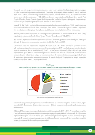 Contando	com	três	aeroportos	internacionais	e	com	o	maior	porto	brasileiro,	São	Paulo	é	a	porta	de	entrada	para	
47%	dos	turistas	estrangeiros	que	visitam	o	país.	Desse	total,	99%	chegam	por	via	aérea	e	1%	por	via	marítima.	
Além	disso,	o	Estado	possui	o	maior	parque	hoteleiro	do	Brasil,	concentrando	mais	de	20%	dos	estabelecimentos	
hoteleiros	do	país.	De	acordo	com	a	FIPE	(2006),	os	destinos	mais	visitados	de	São	Paulo	são:	a	capital,	Praia	
Grande,	Ubatuba,	Santos,	Guarujá,	Aparecida,	Caraguatatuba,	Itanhaém,	Peruíbe	e	Mongaguá.	Podemos	obser-
var	dessa	relação	uma	nítida	preferência	pelos	destinos	do	litoral	paulista.	

A	cidade	de	São	Paulo	é	o	principal	destino	de	negócios	do	Brasil	e	da	América	Latina	(FIPE,	2006),	recebendo	
cinco	milhões	de	turistas/ano	em	feiras,	convenções,	entre	outros.	O	turismo	de	negócios	também	é	representa-
tivo	em	cidades	como	Campinas,	Bauru,	Santo	André,	Santos,	Sorocaba,	Ribeirão	Preto,	entre	outras.	

A	maior	parte	dos	turistas	que	visita	os	destinos	paulistas	é	proveniente	do	próprio	Estado	de	São	Paulo	(74%),	
seguido	pelos	estados	vizinhos	de	Minas	Gerais,	Paraná	e	Rio	de	Janeiro	(FIPE,	2006).	

Ainda	com	o	objetivo	de	caracterizar	a	dinâmica	econômica	do	Estado,	podemos	verificar	na	Figura	2.34,	a	par-
ticipação	de	alguns	setores	no	consumo	energético	final	de	São	Paulo	em	2009.

Observamos,	neste	ano,	um	consumo	energético	da	ordem	de	58.146	x	103	toe	(tonne of oil equivalent ou	tone-
lada	equivalente	de	petróleo),	com	um	aumento	de	aproximadamente	0,5%	em	relação	ao	ano	anterior.	A	maior	
parte	do	consumo	se	deu	no	setor	industrial	(27.085	x	103	toe)	e	de	transportes	(19.040	x	103	toe)	que,	juntos,	
representaram	 quase	 80%	 do	 consumo	 energético	 final.	 Porém,	 vale	 destacar	 o	 recuo	 de	 0,7%	 observado	 no	
consumo	do	setor	industrial	em	relação	ao	ano	anterior,	reflexo	da	crise	econômica	ocorrida	no	período.	O	setor	
de	transportes	apresentou	um	aumento	no	consumo	de	energia	final	de	1,5%,	enquanto	os	setores	comercial	e	
residencial	cresceram	3,4%	e	3,0%	respectivamente.


                                                        FiGura 2. 34
         ParticiPação dos setores no consuMo enerGético Final do estado de são Paulo eM 2009


                                                   5,6%
                                                             7,9%                      Setor Energé co
                                                                    3,8%               Residencial
                                                                     1,8%
                                                                      1,6%             Comercial

                                                                                       Público

                                                                                       Agropecuário

                         46,5%                                                         Transportes
                                                                  32,8%
                                                                                       Industrial


                                     Fonte: São Paulo (2010), elaborado por SMA/CPLA (2010)



Vale	ressaltar	a	participação	expressiva	do	modal	rodoviário	no	consumo	energético	final	do	Estado,	repre-
sentando	 86%	 do	 consumo	 do	 setor	 de	 transportes	 e	 28%	 do	 consumo	 total,	 considerando	 todos	 setores	
consumidores.	

A	Figura	2.35	que	segue	mostra	a	evolução	da	intensidade	energética	de	2005	a	2009.	A	intensidade	energética	
é	um	indicador	que	expressa	a	quantidade	de	energia	empregada	para	produzir	cada	unidade	de	PIB	de	uma	
região,	estado	ou	país.	Tendo	em	mente	que	o	consumo	energético	traz	impactos	ao	meio	ambiente,	seja	pela	
exploração	de	recursos	naturais	ou	pela	geração	de	resíduos	e	efluentes,	economias	de	alta	intensidade	energética	
andam	na	contramão	do	desenvolvimento	sustentável.	




                                                                                                                         51
 