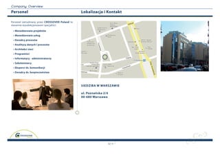 C o m p a n y O v erview
Personel                                         Lokalizacja i Kontakt

Personel zatrudniany przez CrOSSOver Poland to
starannie wyselekcjonowani specjaliści:

 • Menedżerowie projektów
 • Menedżerowie usług
 • Doradcy procesów
 • Analitycy danych i procesów
 • Architekci sieci
 • Programiści
 • Informatycy - administratorzy
 • Szkoleniowcy
 • Eksperci ds. komunikacji
 • Doradcy ds. bezpieczeństwa




                                                 SIEDZIBA W WARSZAWIE

                                                 ul. Poznańska 2/4
                                                 00-680 Warszawa




                                                                 12
 