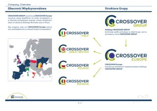 C o m p a n y O v erview
Obecność Międzynarodowa                                    Struktura Grupy

CrOSSOver GrOUP za pomocą CrOSSOver europe
rozszerza swoją działalność na rynku europejskim, a
w dłuższej perspektywie planuje rozwój działalności
także na obszarze Bliskiego Wschodu oraz w Afryce.

Aby osiągnąć swój cel, CrOSSOver europe tworzy
sieć przedsiębiorstw w różnych krajach europejskich.       Holding CrOSSOver GrOUP
                                                           kontroluje spółki wchodzące w skład Grupy i jest w
                                                           posiadaniu marki CrOSSOver GrOUP.




                                                           CrOSSOver europe
                                                           koordynuje działalność międzynarodową Holdingu
                                                           CrOSSOver GrOUP.




                                                       3
 