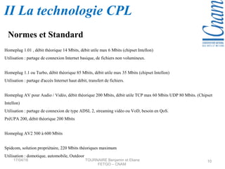 Homeplug 1.01 , débit théorique 14 Mbits, débit utile max 6 Mbits (chipset Intellon)
Utilisation : partage de connexion Internet basique, de fichiers non volumineux.
Homeplug 1.1 ou Turbo, débit théorique 85 Mbits, débit utile max 35 Mbits (chipset Intellon)
Utilisation : partage d'accès Internet haut débit, transfert de fichiers.
Homeplug AV pour Audio / Vidéo, débit théorique 200 Mbits, débit utile TCP max 60 Mbits UDP 80 Mbits. (Chipset
Intellon)
Utilisation : partage de connexion de type ADSL 2, streaming vidéo ou VoD, besoin en QoS.
PréUPA 200, débit théorique 200 Mbits
Homeplug AV2 500 à 600 Mbits
Spidcom, solution propriétaire, 220 Mbits théoriques maximum
Utilisation : domotique, automobile, Outdoor
Normes et Standard
17/04/16 TOURNAIRE Benjamin et Eliane
FETGO – CNAM
10
II La technologie CPL
 