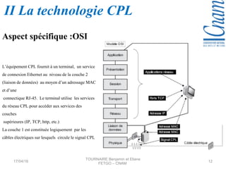17/04/16
TOURNAIRE Benjamin et Eliane
FETGO – CNAM
12
Aspect spécifique :OSI
L’équipement CPL fournit à un terminal, un service
de connexion Ethernet au niveau de la couche 2
(liaison de données) au moyen d’un adressage MAC
et d’une
connectique RJ-45. Le terminal utilise les services
du réseau CPL pour accéder aux services des
couches
supérieures (IP, TCP, http, etc.)
La couche 1 est constituée logiquement par les
câbles électriques sur lesquels circule le signal CPL
II La technologie CPL
 