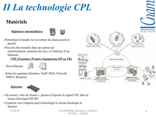 CPE (Customer Premise Equipment) (IP ou FR)
- Pont Ethernet
-Selon les gammes (données, VoIP, WiFi, Firewall,
DHCP, Routeur)
Répéteurs intermédiaires
- Permettent d’étendre la couverture du réseau (actif et
passif)
- Peuvent être installés dans des postes de
transformation, armoires de rues, à l’intérieur d’un
bâtiment
Injecteur
- Ou encore « tête de réseau », permet d’injecter le signal CPL dans le
réseau électrique MT/BT
- Connecte via n’importe quel technologie le réseau électrique et
Internet
17/04/16 TOURNAIRE Benjamin et Eliane
FETGO – CNAM
8
Matériels
II La technologie CPL
 