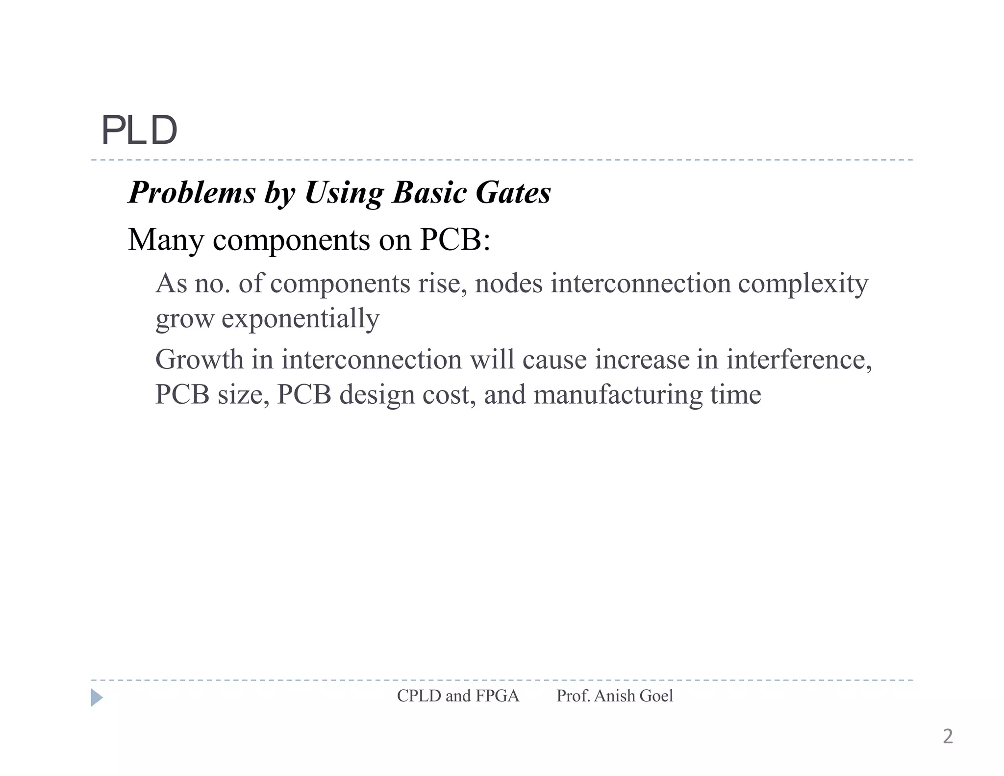 PLD
CPLD and FPGA Prof.Anish Goel
Problems by Using Basic Gates
Many components on PCB:
As no. of components rise, nodes interconnection complexity
grow exponentially
Growth in interconnection will cause increase in interference,
PCB size, PCB design cost, and manufacturing time
2
 