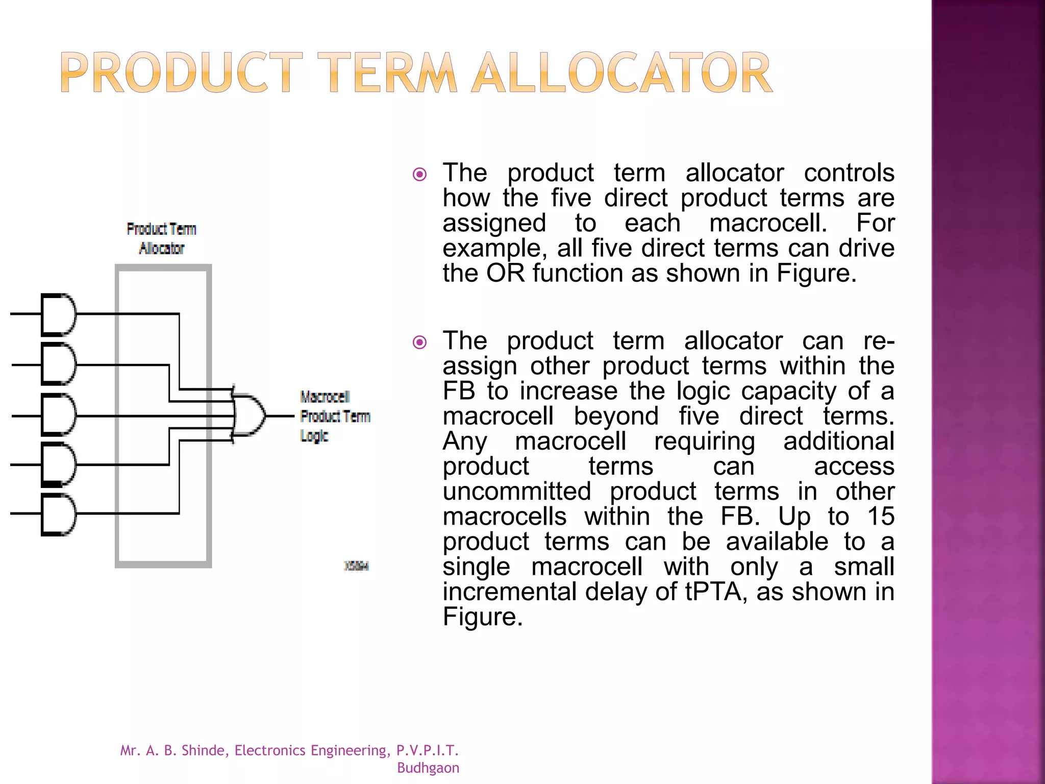  The product term allocator controls 
how the five direct product terms are 
assigned to each macrocell. For 
example, all five direct terms can drive 
the OR function as shown in Figure. 
 The product term allocator can re-assign 
other product terms within the 
FB to increase the logic capacity of a 
macrocell beyond five direct terms. 
Any macrocell requiring additional 
product terms can access 
uncommitted product terms in other 
macrocells within the FB. Up to 15 
product terms can be available to a 
single macrocell with only a small 
incremental delay of tPTA, as shown in 
Figure. 
Mr. A. B. Shinde, Electronics Engineering, P.V.P.I.T. 
Budhgaon 
 