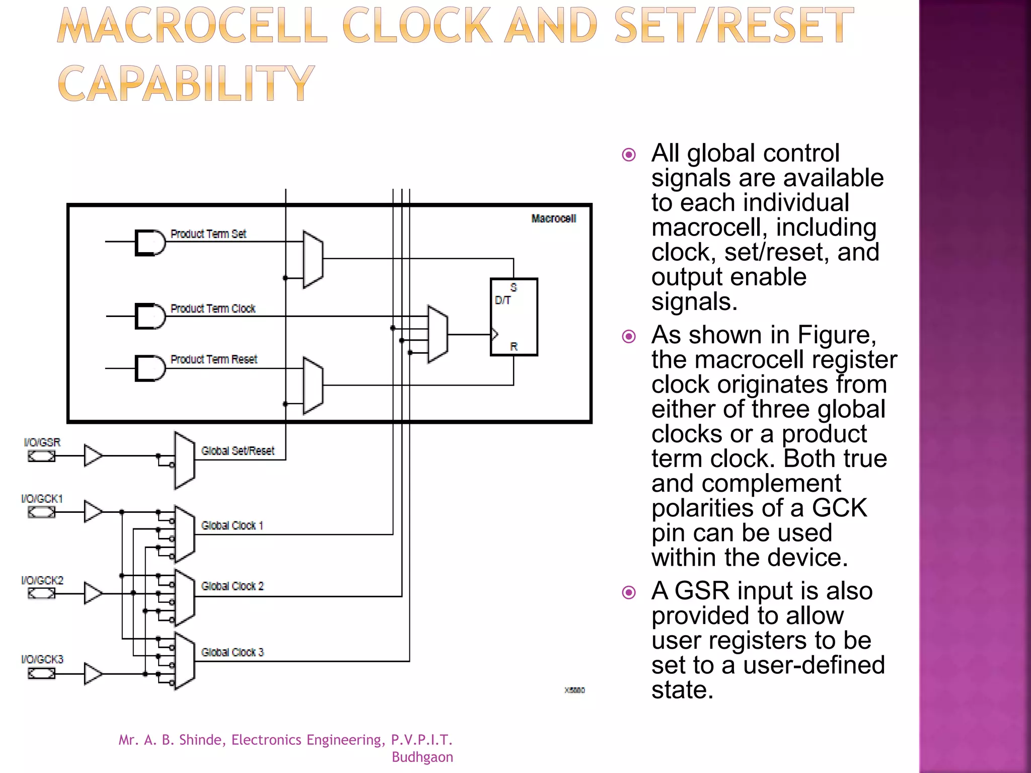  All global control 
signals are available 
to each individual 
macrocell, including 
clock, set/reset, and 
output enable 
signals. 
 As shown in Figure, 
the macrocell register 
clock originates from 
either of three global 
clocks or a product 
term clock. Both true 
and complement 
polarities of a GCK 
pin can be used 
within the device. 
 A GSR input is also 
provided to allow 
user registers to be 
set to a user-defined 
state. 
Mr. A. B. Shinde, Electronics Engineering, P.V.P.I.T. 
Budhgaon 
 