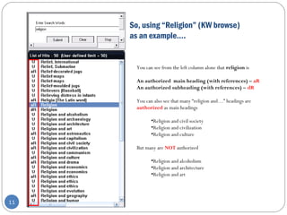So, using “Religion” (KW browse)
as an example….
11
You can see from the left column alone that religion is
An authorized main heading (with references) – aR
An authorized subheading (with references) – dR
You can also see that many “religion and…” headings are
authorized as main headings
•Religion and civil society
•Religion and civilization
•Religion and culture
But many are NOT authorized
•Religion and alcoholism
•Religion and architecture
•Religion and art
 