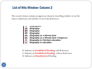 List of Hits Window: Column 2
9
The second column contains an uppercase character describing whether or not the
entry is authorized, and whether or not it has References
R Indicates an Established Heading with References
A Indicates an Established Heading with no References
U Indicates an Unauthorized Heading
 