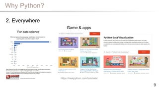 Why Python?
9
2. Everywhere
For data science
https://realpython.com/tutorials/
Game & apps
 