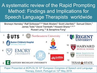 Bronwyn Hemsley1, Ralf Schlosser2,3,4 Mark Mostert,5 Scott Lilienfeld,6 Samuel Odom,7
James Todd,8 David Trembath,9 Howard Shane 2,10,11
Russel Lang,12 & Seraphina Fong1
4
2
A systematic review of the Rapid Prompting
Method: Findings and Implications for
Speech Language Therapists worldwide
3
1 5
6
7
8
9
10
11
12
Paper Presented at #CPLOL18 10th European Congress of Speech and Language
Therapy, Estoril, Portugal on 12th May 2018
 