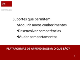 PLATAFORMAS DE APRENDIZAGEM: O QUE SÃO? Suportes que permitem: Adquirir novos conhecimentos Desenvolver competências Mudar comportamentos 