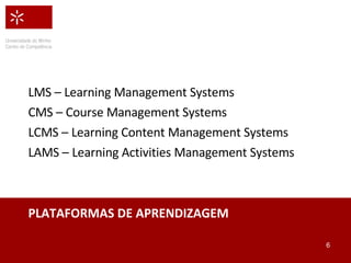 PLATAFORMAS DE APRENDIZAGEM LMS – Learning Management Systems CMS – Course Management Systems LCMS – Learning Content Management Systems LAMS – Learning Activities Management Systems 