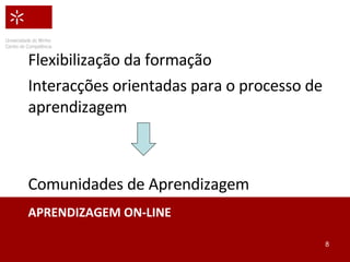 APRENDIZAGEM ON-LINE Flexibilização da formação Interacções orientadas para o processo de aprendizagem Comunidades de Aprendizagem 