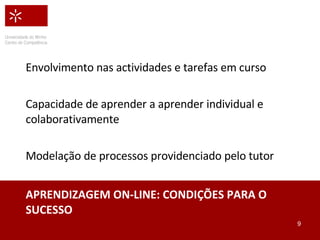 APRENDIZAGEM ON-LINE: CONDIÇÕES PARA O SUCESSO Envolvimento nas actividades e tarefas em curso Capacidade de aprender a aprender individual e colaborativamente Modelação de processos providenciado pelo tutor 