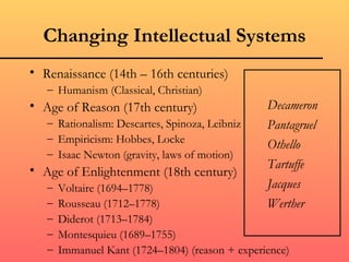 Changing Intellectual Systems
• Renaissance (14th – 16th centuries)
   – Humanism (Classical, Christian)
• Age of Reason (17th century)                   Decameron
   – Rationalism: Descartes, Spinoza, Leibniz    Pantagruel
   – Empiricism: Hobbes, Locke
                                                 Othello
   – Isaac Newton (gravity, laws of motion)
• Age of Enlightenment (18th century)            Tartuffe
   –   Voltaire (1694–1778)                      Jacques
   –   Rousseau (1712–1778)                      Werther
   –   Diderot (1713–1784)
   –   Montesquieu (1689–1755)
   –   Immanuel Kant (1724–1804) (reason + experience)
 
