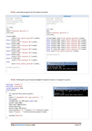 http://muhammetcagatay.com Sayfa 35
Örnek : yukarıdaki programı bir de if yapısı ile yazalım
Kullanım2 Kullanım2
#include "stdafx.h"
#include <iostream>
using namespace std;
void main()
{
int not;
bas:
cout<<"notunuzu giriniz:";
cin>>not;
if(not>100)
cout<<"not yanlis girildi"<<endl;
else if(not>=90)
cout<<"harf notunuz AA"<<endl;
else if(not>=80)
cout<<"harf notunuz BA"<<endl;
else if(not>=70)
cout<<"harf notunuz BB"<<endl;
else if(not>=60)
cout<<"harf notunuz CB"<<endl;
else if(not>=50)
cout<<"harf notunuz CC"<<endl;
else if (not>=0)
cout<<"harf notunuz FF"<<endl;
else
cout<<"not yanlis girildi"<<endl;
system("pause");
}
#include "stdafx.h"
#include <iostream>
using namespace std;
void main()
{
int not;
bas:
cout<<"notunuzu giriniz:";
cin>>not;
if(not>100) cout<<"not yanlis girildi"<<endl;
else if(not>=90) cout<<"harf notunuz AA"<<endl;
else if(not>=80) cout<<"harf notunuz BA"<<endl;
else if(not>=70) cout<<"harf notunuz BB"<<endl;
else if(not>=60) cout<<"harf notunuz CB"<<endl;
else if(not>=50) cout<<"harf notunuz CC"<<endl;
else if (not>=0) cout<<"harf notunuz FF"<<endl;
else cout<<"not yanlis girildi"<<endl;
system("pause");
}
Örnek : herhangi bir sayının basamak değerleri toplamını bulan c++ programını yazınız.
#include "stdafx.h"
#include <iostream>
using namespace std;
void main()
{
int sayi,birler,onlar,yuzler;
bas:
cout<<"3 basamakli bir sayi giriniz : ";
cin>>sayi;
if(100>sayi || 999<sayi) goto bas;
yuzler=sayi/100;
sayi=sayi-100*yuzler;
onlar=sayi/10;
birler=sayi-10*onlar;
cout<<yuzler<<"t "<<onlar<<"t"<<birler<<endl;
cout<<"toplam : "<<birler+onlar+yuzler<<endl;
system("pause");
}
 