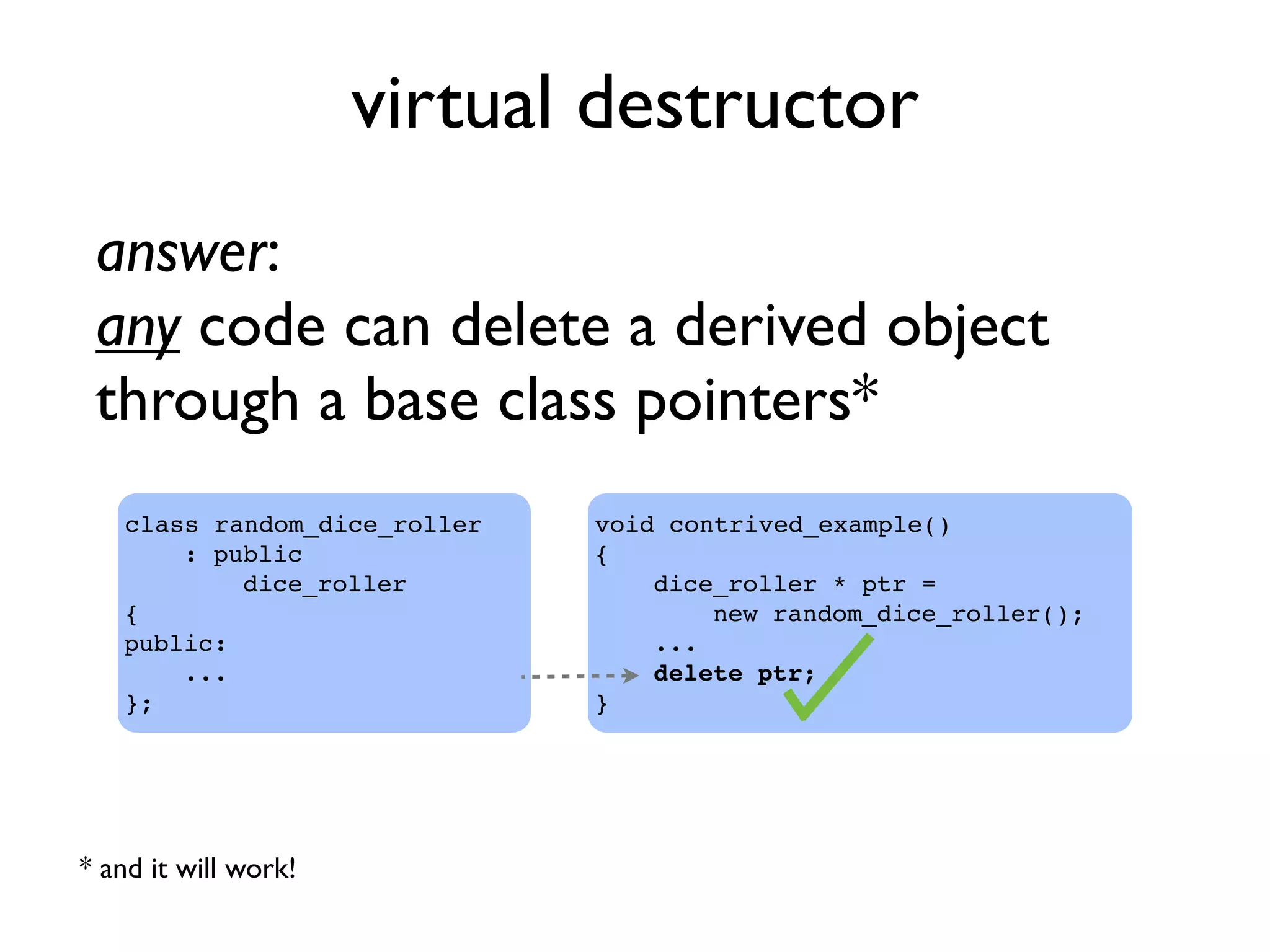 virtual destructor
class random_dice_roller
: public
dice_roller
{
public:
...
};
answer:
any code can delete a derived object
through a base class pointers*
void contrived_example()
{
dice_roller * ptr =
new random_dice_roller();
...
delete ptr;
}
* and it will work!
 