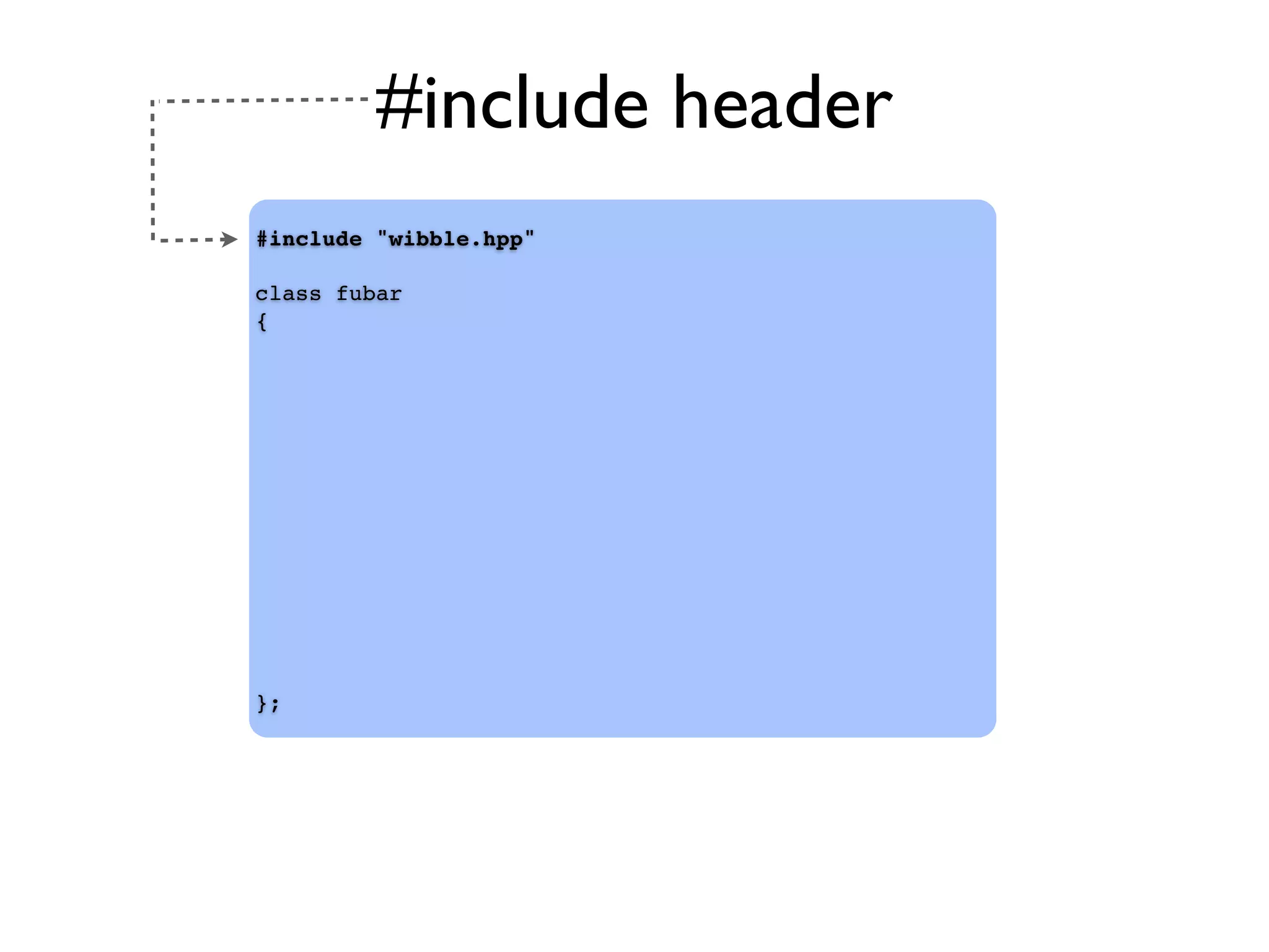 #include header
#include "wibble.hpp"
class fubar
{
};
 