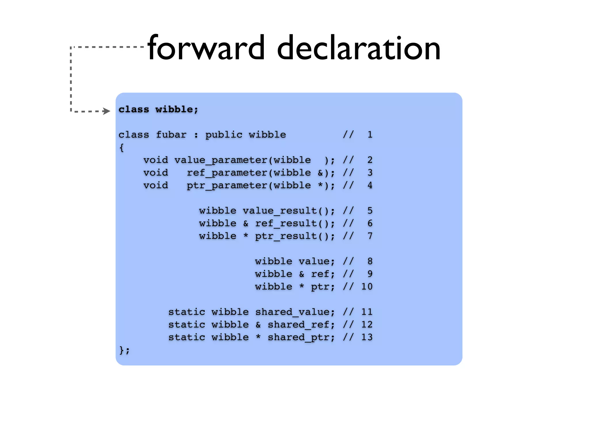 forward declaration
class wibble;
class fubar : public wibble // 1
{
void value_parameter(wibble ); // 2
void ref_parameter(wibble &); // 3
void ptr_parameter(wibble *); // 4
wibble value_result(); // 5
wibble & ref_result(); // 6
wibble * ptr_result(); // 7
wibble value; // 8
wibble & ref; // 9
wibble * ptr; // 10
static wibble shared_value; // 11
static wibble & shared_ref; // 12
static wibble * shared_ptr; // 13
};
 