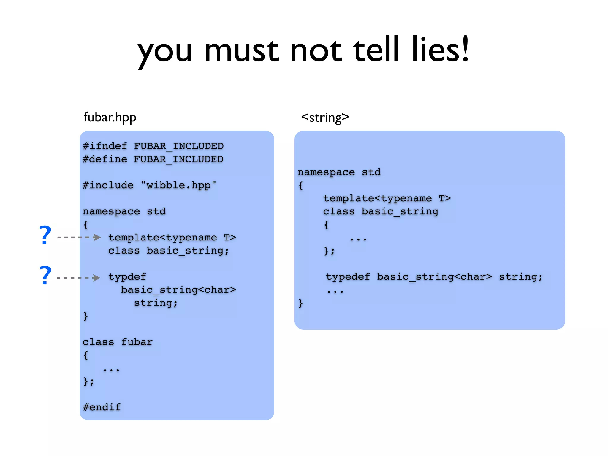 you must not tell lies!
#ifndef FUBAR_INCLUDED
#define FUBAR_INCLUDED
#include "wibble.hpp"
namespace std
{
template<typename T>
class basic_string;
typdef
basic_string<char>
string;
}
class fubar
{
...
};
#endif
namespace std
{
template<typename T>
class basic_string
{
...
};
typedef basic_string<char> string;
...
}
fubar.hpp <string>
?
?
 